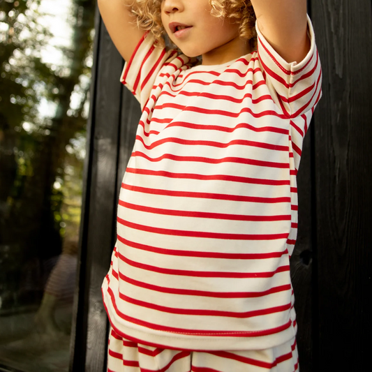 Kids Shortie Pyjama Set Red & Oatmeal Breton Stripe