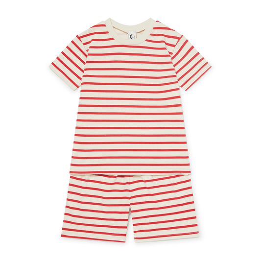 Kids Shortie Pyjama Set Red & Oatmeal Breton Stripe