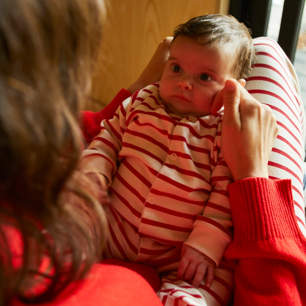 Baby Sleepsuit Red & Oatmeal Breton Stripe